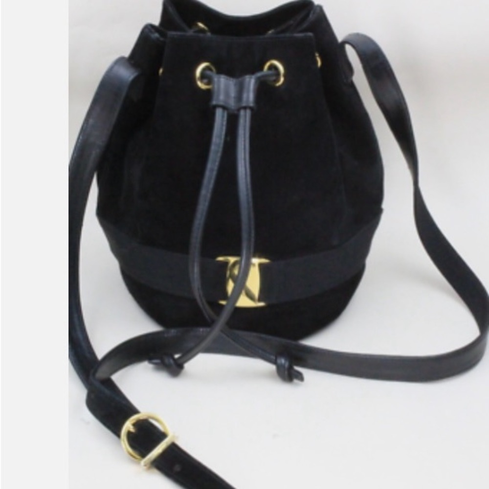 Salvatore Ferragamo Black Suede Drawstring Bucket Bag with Gold Hardware